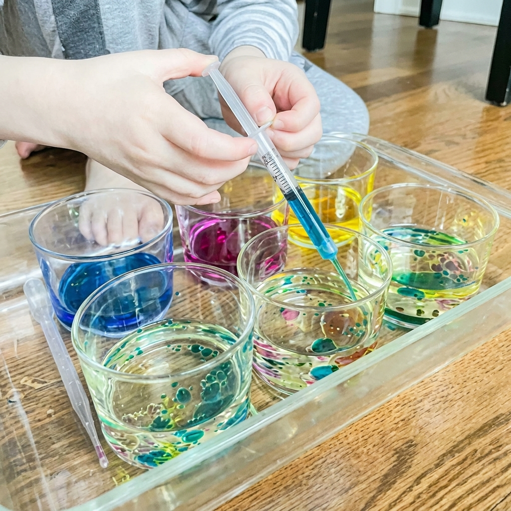Ein wissenschaftliches Experiment mit Öl und Wasser für ein Kind