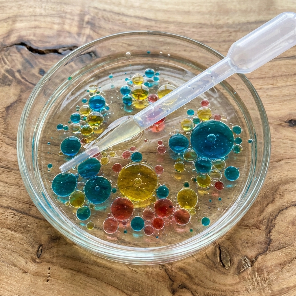 Ein wissenschaftliches Experiment mit Öl und Wasser für ein Kind