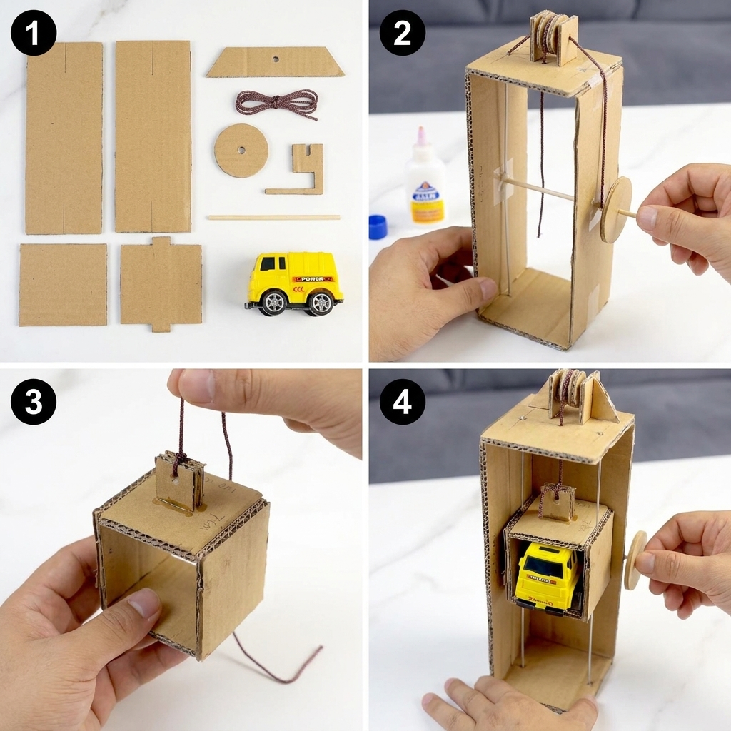 Einen kleinen Aufzug aus Pappe und Schnur bauen