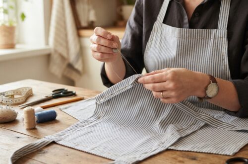 # Wie man eine Küchenschürze von Hand näht Eine Küchenschürze von Hand zu nähen ist ein praktisches und kreatives Projekt für Anfänger. Man benötigt keine Nähmaschine und kann mit einfachen Handstichen eine schöne Schürze für den Alltag herstellen. Gleichzeitig lernt man wichtige Grundlagen wie Messen, Zuschneiden, Bügeln und das Nähen stabiler Nähte. Eine selbst genähte Küchenschürze schützt die Kleidung beim Kochen und Backen. Sie eignet sich außerdem hervorragend als persönliches Geschenk. Mit einem schönen Stoff, einer Tasche oder einer kleinen Stickerei kann jede Schürze individuell gestaltet werden. In dieser Schritt-für-Schritt-Anleitung erfahren Sie, wie Sie eine einfache Küchenschürze von Hand nähen können. ## Warum eine Küchenschürze selbst nähen Eine Schürze ist ein gutes Anfängerprojekt, weil sie aus relativ einfachen Stoffteilen besteht. Beim Nähen können Sie verschiedene Fertigkeiten üben Stoff richtig messen Stoff sauber zuschneiden Kanten umbügeln Gerade Nähte nähen Handstiche verwenden Bänder herstellen Taschen aufnähen Stoff dekorieren Das Grundmodell lässt sich leicht an verschiedene Größen und Designs anpassen. ## Das benötigte Material Für eine einfache Küchenschürze benötigen Sie Baumwollstoff oder einen anderen robusten Stoff Handnähnadel Robustes Nähgarn Stoffschere Maßband Lineal Schneiderkreide oder auswaschbaren Stoffmarker Stecknadeln oder Stoffklammern Bügeleisen Optional Fingerhut Optional Stoff für eine Tasche Optional Stickgarn Baumwolle ist für Anfänger besonders praktisch. Sie lässt sich leicht schneiden und von Hand nähen und ist in vielen Farben und Mustern erhältlich. ## Schritt 1 Die Größe der Schürze bestimmen Legen Sie zunächst fest, wie groß die Schürze sein soll. Eine einfache Schürze für Erwachsene kann beispielsweise ungefähr 70 cm breit 80 cm lang sein. Diese Maße sind nur Richtwerte. Passen Sie die Größe an die Person an, die die Schürze tragen wird. Für eine Kinderschürze können Sie die Maße entsprechend verkleinern. ## Schritt 2 Den Stoff vorbereiten Waschen und trocknen Sie den Stoff nach Möglichkeit vor dem Zuschneiden. Dadurch kann sich der Stoff vor dem Nähen etwas einlaufen. Bügeln Sie den Stoff anschließend glatt. Legen Sie ihn auf eine große, ebene Fläche. ## Schritt 3 Die Schürzenform aufzeichnen Zeichnen Sie ein großes Rechteck für den unteren Teil der Schürze. An der Oberseite können Sie die Seiten leicht schräg gestalten, sodass eine typische Schürzenform entsteht. Markieren Sie außerdem den Bereich für die Taille und den oberen Brustbereich. Für eine besonders einfache Version können Sie zunächst mit einer rechteckigen Schürze beginnen. ## Schritt 4 Den Stoff zuschneiden Schneiden Sie die Schürzenform mit einer scharfen Stoffschere aus. Lassen Sie rund um die Form etwas zusätzliche Stoffbreite für die Säume. Markieren Sie die obere Kante, die Seiten und die untere Kante. Achten Sie darauf, symmetrisch zu arbeiten. ## Schritt 5 Die Stoffkanten vorbereiten Die Kanten einer Schürze sollten sauber verarbeitet werden, damit sie nicht ausfransen. Falten Sie die Stoffkante etwa 1 cm nach innen. Bügeln Sie die Falte. Falten Sie die Kante anschließend noch einmal nach innen und bügeln Sie sie erneut. Diese doppelte Faltung sorgt für eine saubere und stabile Kante. ## Schritt 6 Den Saum von Hand nähen Fixieren Sie die gefalteten Kanten mit Stecknadeln oder Stoffklammern. Fädeln Sie einen passenden Faden in die Nadel. Nähen Sie den Saum mit kleinen, gleichmäßigen Stichen. Ein Rückstich eignet sich für besonders stabile Nähte. Für eine weniger sichtbare Naht können Sie auch einen kleinen Saumstich verwenden. Arbeiten Sie langsam und vermeiden Sie es, den Faden zu stark anzuziehen. ## Schritt 7 Die Seiten säumen Nähen Sie nun die beiden Seitenkanten der Schürze. Falten Sie die Kanten nach innen. Bügeln Sie sie. Fixieren Sie sie anschließend mit Stecknadeln. Nähen Sie die Kanten sorgfältig von oben nach unten. Achten Sie darauf, dass beide Seiten ungefähr gleich breit sind. ## Schritt 8 Die obere Kante vorbereiten Die obere Kante der Schürze sollte ebenfalls sauber verarbeitet werden. Falten Sie die Kante nach innen. Bügeln Sie die Falte. Nähen Sie die Kante anschließend mit kleinen Stichen fest. Wenn die Schürze einen Latz hat, können Sie diesen Bereich etwas breiter gestalten. ## Schritt 9 Die Halsbänder herstellen Wenn Ihre Schürze einen Latz hat, benötigen Sie ein Band für den Hals. Schneiden Sie einen langen Stoffstreifen zu. Falten Sie den Streifen längs zur Mitte. Bügeln Sie ihn. Falten Sie anschließend die offenen Kanten nach innen. Bügeln Sie erneut. Nähen Sie die beiden langen Seiten mit kleinen, stabilen Stichen zusammen. ## Schritt 10 Das Halsband befestigen Positionieren Sie das Halsband an den oberen Ecken des Latzes. Fixieren Sie die Enden mit Stecknadeln. Nähen Sie sie mit mehreren Reihen stabiler Stiche fest. Da das Halsband regelmäßig belastet wird, sollten diese Stellen besonders gut verstärkt werden. ## Schritt 11 Das Taillenband herstellen Nun benötigen Sie zwei lange Bänder für die Taille. Schneiden Sie zwei Stoffstreifen in geeigneter Länge zu. Eine Länge von etwa 60–80 cm pro Seite kann je nach Größe der Schürze geeignet sein. Falten und bügeln Sie die Streifen wie beim Halsband. Nähen Sie die langen Kanten zusammen. ## Schritt 12 Die Taillenbänder befestigen Legen Sie die Bänder an die beiden Seiten der Schürze. Positionieren Sie sie auf gleicher Höhe. Fixieren Sie sie mit Stecknadeln. Nähen Sie die Befestigungsstellen mehrfach. Ein kleines Quadrat mit einem diagonalen Kreuz in der Mitte kann zusätzliche Stabilität schaffen. ## Schritt 13 Eine Tasche nähen Eine Tasche macht die Küchenschürze besonders praktisch. Schneiden Sie ein rechteckiges Stück Stoff aus. Falten Sie die obere Kante nach innen. Bügeln Sie sie. Nähen Sie diese Kante fest. Falten Sie anschließend die Seiten und die untere Kante nach innen. Positionieren Sie die Tasche auf der Vorderseite der Schürze. Fixieren Sie sie mit Stecknadeln. Nähen Sie die beiden Seiten und die Unterkante fest. Die obere Kante bleibt offen. ## Schritt 14 Die Tasche verstärken Die oberen Ecken der Tasche werden häufig belastet. Verstärken Sie diese Stellen mit zusätzlichen Stichen. Wenn Sie möchten, können Sie an den oberen Ecken kleine Dreiecke oder Quadrate nähen. So hält die Tasche auch Küchenutensilien oder kleine Gegenstände besser aus. ## Schritt 15 Die Schürze dekorieren Jetzt können Sie Ihrer Schürze eine persönliche Note geben. Mögliche Dekorationen sind Blumen Herzen Sterne Früchte Küchenmotive Initialen Namen Bunte Bänder Stoffapplikationen Dekorative Stickereien Mit einfachen Stickstichen können Sie wunderschöne Details hinzufügen. ## Einfache Stickideen Eine kleine Blume kann mit wenigen Stichen entstehen. Verwenden Sie grünes Garn für den Stiel und farbiges Garn für die Blütenblätter. Auch kleine Herzen oder Sterne lassen sich leicht mit Rückstich auf die Schürze sticken. Wenn Sie Anfänger sind, beginnen Sie mit einfachen Linien und Formen. ## Geeignete Handstiche Für eine handgenähte Küchenschürze eignen sich verschiedene Stiche. ### Rückstich Der Rückstich ist stabil und eignet sich für wichtige Nähte. ### Vorstich Der Vorstich ist einfach zu lernen und kann für dekorative Nähte verwendet werden. ### Saumstich Ein Saumstich eignet sich für saubere und weniger sichtbare Säume. ### Überwendlichstich Dieser Stich kann helfen, Stoffkanten vor dem Ausfransen zu schützen. ## Tipps für Anfänger Messen Sie den Stoff sorgfältig. Lassen Sie genügend Nahtzugabe. Bügeln Sie die Kanten vor dem Nähen. Verwenden Sie stabiles Garn. Nähen Sie kleine und gleichmäßige Stiche. Verstärken Sie die Bänder und Taschen. Ziehen Sie den Faden nicht zu fest. Prüfen Sie die Schürze zwischendurch auf Symmetrie. ## Häufige Fehler vermeiden ### Zu wenig Nahtzugabe Wenn Sie beim Zuschneiden keine ausreichende Nahtzugabe einplanen, können die Kanten später zu schmal werden. ### Schwache Bänder Hals- und Taillenbänder werden häufig bewegt und gezogen. Nähen Sie ihre Befestigungen deshalb besonders stabil. ### Ungleichmäßige Säume Messen und bügeln Sie die Säume sorgfältig, bevor Sie sie nähen. ### Zu große Stiche Große Stiche können die Schürze weniger stabil machen. ### Zu schwerer Stoff Sehr dickes Material kann für Anfänger schwierig zu nähen sein. Beginnen Sie besser mit einem robusten, aber gut handhabbaren Baumwollstoff. ## Eine einfache Schürze für Kinder Auch Kinder können eine einfache Schürze verwenden, zum Beispiel beim Backen oder bei kreativen Aktivitäten. Verwenden Sie einen bunten Stoff mit kindgerechten Motiven. Die Schürze sollte bequem sitzen und darf nicht zu lang sein. Für kleine Kinder sollten lange Bänder so gestaltet sein, dass sie sich nicht leicht verfangen können. Bei der Verwendung von Scheren und Nadeln ist eine angemessene Aufsicht wichtig. ## Kreative Schürzen-Ideen Sobald Sie die Grundform beherrschen, können Sie verschiedene Modelle ausprobieren. ### Blumenschürze Verwenden Sie einen Stoff mit Blumenmuster und ergänzen Sie kleine Stickereien. ### Patchwork-Schürze Kombinieren Sie mehrere Stoffreste zu einer bunten Vorderseite. ### Personalisierte Schürze Sticken Sie den Namen oder die Initialen des Trägers auf die Brustpartie. ### Backschürze Nähen Sie eine große Tasche für Kochlöffel, Geschirrtücher oder andere kleine Küchenutensilien. ### Kinderschürze Verwenden Sie fröhliche Farben und einfache Motive wie Tiere, Früchte oder Sterne. ## Ein einfaches Anfängerprojekt Wenn Sie zum ersten Mal eine Küchenschürze nähen, beginnen Sie mit einer einfachen rechteckigen Form. Sie benötigen 1. Ein großes Stück Baumwollstoff 2. Eine Nadel 3. Robustes Nähgarn 4. Eine Stoffschere 5. Ein Maßband 6. Stecknadeln 7. Stoff für die Bänder 8. Optional ein kleines Stück Stoff für eine Tasche Schneiden Sie die Grundform aus. Säumen Sie die Kanten. Nähen Sie die Hals- und Taillenbänder an. Fügen Sie bei Bedarf eine Tasche hinzu. Zum Schluss können Sie die Schürze dekorieren. ## Fazit Eine Küchenschürze von Hand zu nähen ist ein praktisches und kreatives Projekt für Anfänger. Sie lernen dabei wichtige Nähtechniken wie Zuschneiden, Säumen, Rückstich und das Befestigen von Stoffbändern. Beginnen Sie mit einer einfachen Form und einem gut zu verarbeitenden Baumwollstoff. Arbeiten Sie langsam und achten Sie besonders auf die Verstärkung der Bänder und Taschen. Wenn die Grundschürze fertig ist, können Sie sie mit Stickereien, Applikationen, bunten Stoffen oder einer praktischen Tasche individuell gestalten. So entsteht eine nützliche und persönliche Küchenschürze, die Sie selbst hergestellt haben.